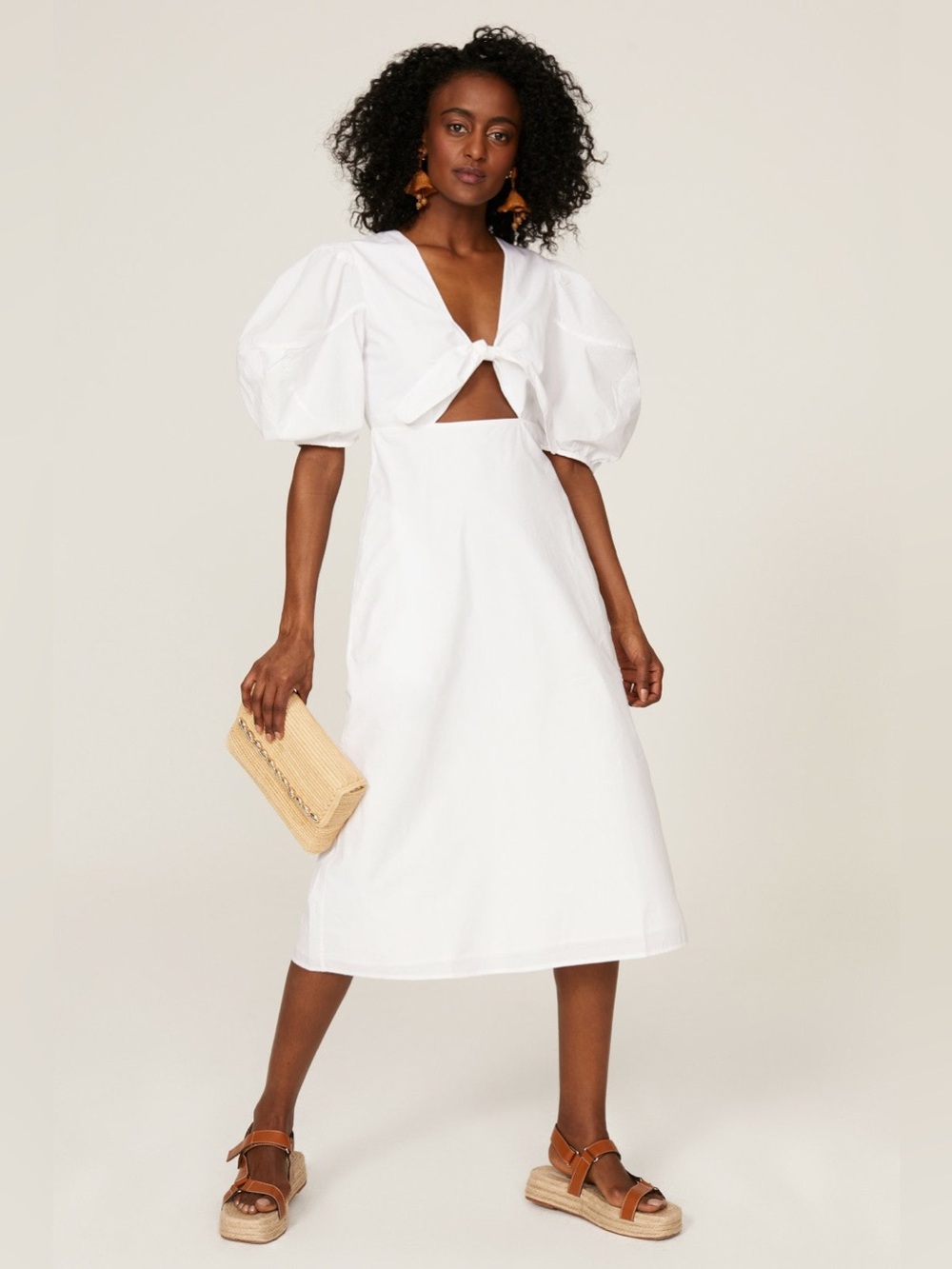RHODE Greer Cutout Midi Dress White Puff Sleeve Front Knot Size 6